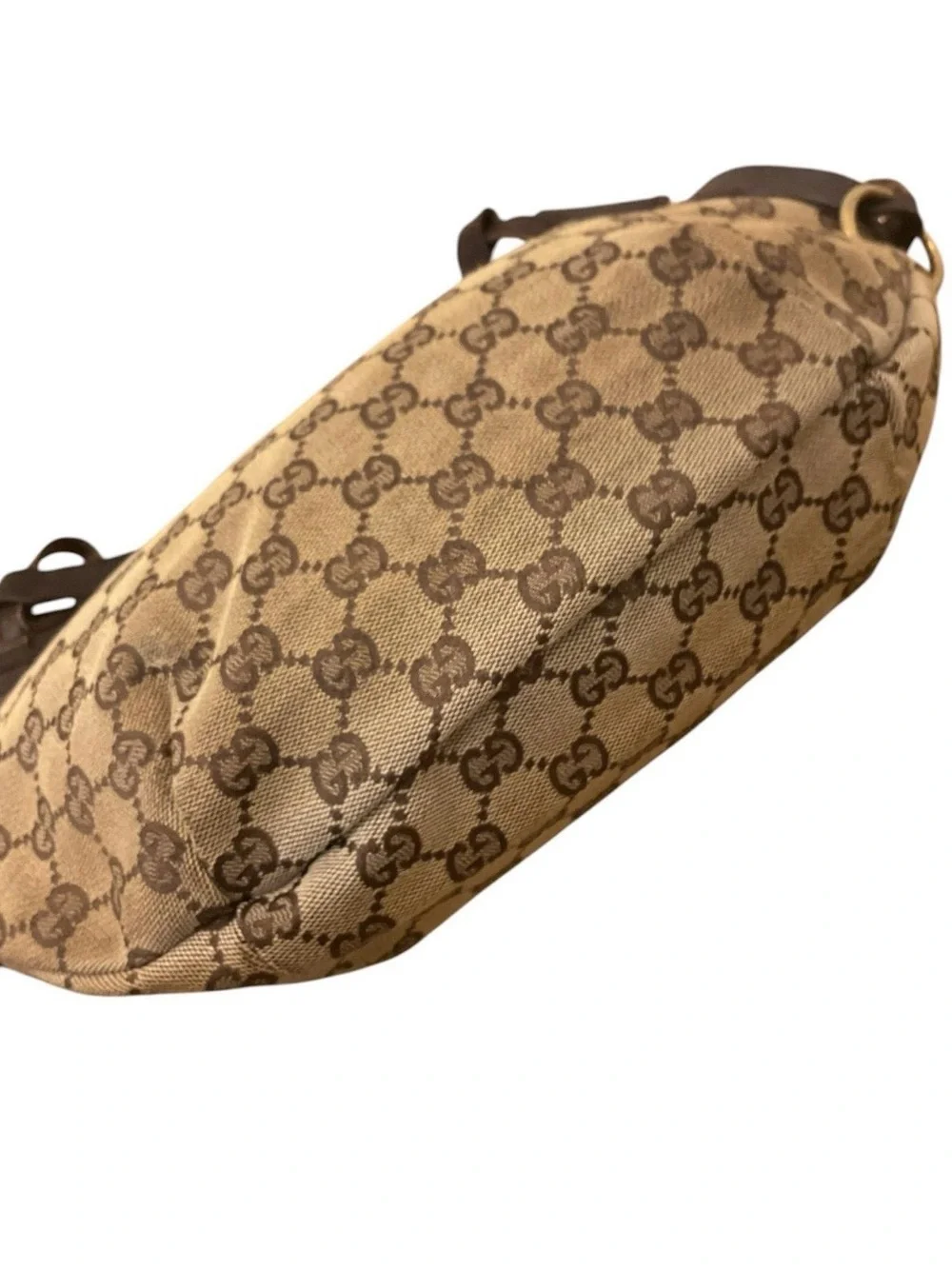 Rare & Authentic Vintage Gucci Beige Brown GG Canvas Crescent Hobo Bag
